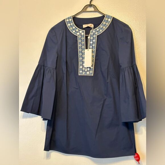 Tory Burch Navy 3/4 Sleeve Embellished Tunic cotton Blouse Size 2, NWT - Picture 1 of 7